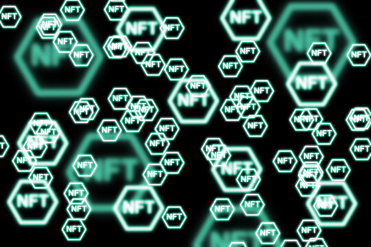 Crypto art NFT non fungible token glowing hexagon icons on black background. Use blockchain technology and creating unique digital art. Cryptocurrency concept.