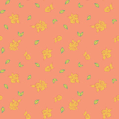 seamless floral pattern hand drawn watercolor 
outline yellow rose on light red background