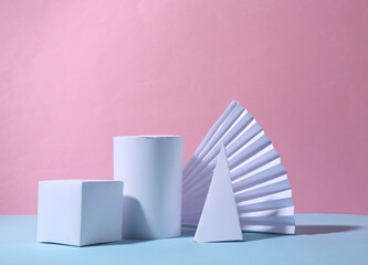 Minimal showcase, mockup for product scene, abstract geometric shape group on pink blue background.