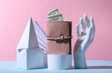Fashion showcase with stylish purse and geometric shapes on blue-pink pastel background. Concept art