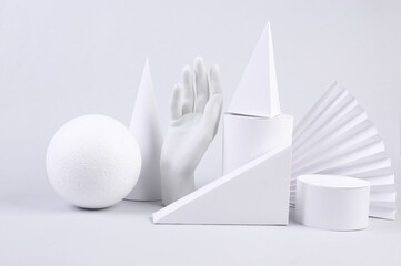Showcase with geometric shapes on a white background. Concept art. Minimalism