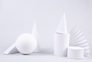 Showcase with geometric shapes on a white background. Concept art. Minimalism