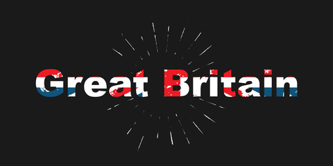 Stylized inscription Great Britain. The letters are colorized in the colors of the British flag. Black background. Vector illustration