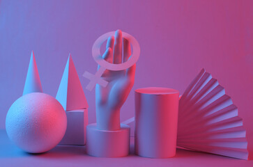 Feminism. Hand holding venus symbol, Geometric shapes in red-blue gradient neon light. Surrealism....