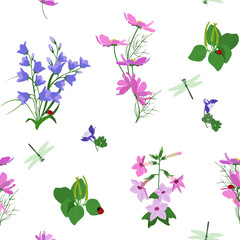 Seamless vector illustration with delicate wildflowers, herbals, dragonflies, ladybirds on a white background.