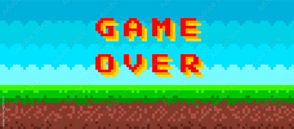 Poster 'game over' text on 8 bit game background. gaming controller, symbols set. pixel picture with sky, c