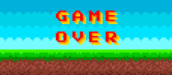 'Game over' text on 8 bit game background. Gaming controller, symbols set. Pixel picture with sky, clouds, ground and grass.