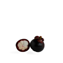 Thai fruit, two purple mangosteen with white inside. Placed on a white background