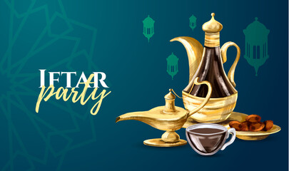 vector illustration. vector hand drawn graphics Iftar party celebration. Traditional subjects. the Muslim feast of the holy month of Ramadan Kareem. Translation from Arabic: Generous Ramadan