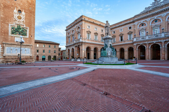 Piazza Leopardi, Recanati, Macerata district, in the foreground the statue of Giacomo Leopardi, in the background the town hall, on the left Civic tower