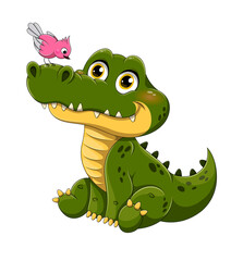 Adorable little green crocodile with bird perched on its nose