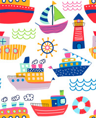 Colorful seamless pattern of assorted ships and lighthouse