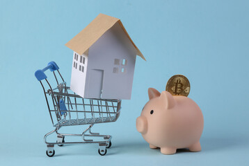Home purchase. Saving concept. Mini house figurine in supermarket trolley, piggy bank on blue...