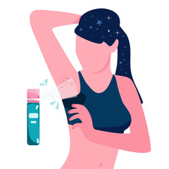 Using deodorant concept.Sweaty armpits illustration.Young woman in sportswear.Unpleasant smell,odor in underarm zone after gym.Wet spot on clothes,skin irritation,Hyperhidrosis.Antiperspirant spray.