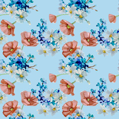 Delicate light colors watercolor seamless pattern with wildflowers on a light blue background
