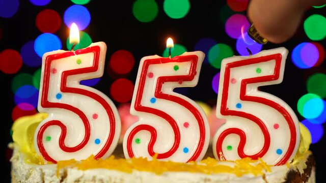 Number 555 Happy Birthday Cake With Burning Candles Topper.