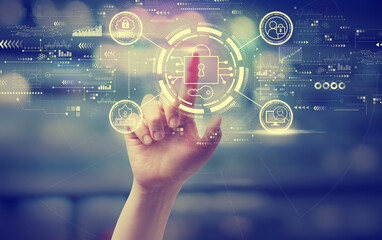 Data Security concept with a hand pressing a button