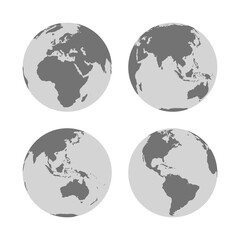 Set of Earth globes with silhouettes on continents. Monochrome Earth planets with land in gray colors. Travel around the world concept vector illustration isolated on white background