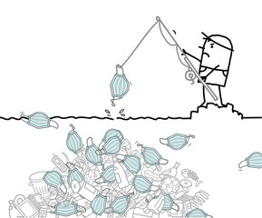 Cartoon man fishing over a big pile of garbage, with disposable Covid Masks