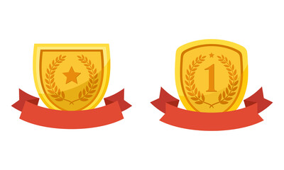 Flat vector illustration of golden shield with red ribbon. Perfect for element design of award prize, achievement label, and best quality symbol.