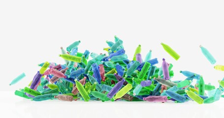 Many clean PET bottles of various colors thrown on a pile representing pollution problem. 3D render illustration