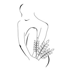 Vector line art silhouette of a woman with flowers, hay, rye isolated on white background for postcard, logo, for the design of a room, for invitations, greeting cards, business card