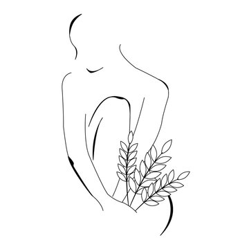 recommend clip art: Vector line art silhouette of a woman with flowers, hay, rye isolated on white background for postcard, logo, for the design of a room, for invitations, greeting cards, business card