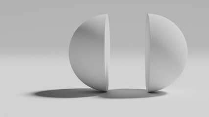 Sphere cut in two halves on a white background. 3D render illustration