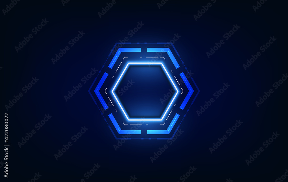 Fototapete Vector realistic hexagon with neon parts in dark background .Futuristic illustration . Sci fi object , Realistic hexagon , Futuristic glowing HUD hexagonal element .Nano techology