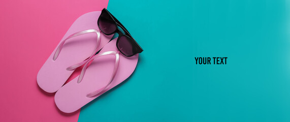 Summer beach concept. Sunglasses, flip flops on pink blue background. Top view