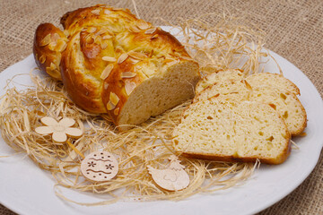 plaited yeast bun-pastry on burlap