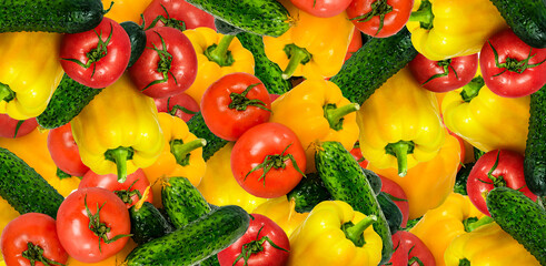 Fototapeta na wymiar vegetable background, many different multicolored vegetables tomatoes, peppers, cucumbers