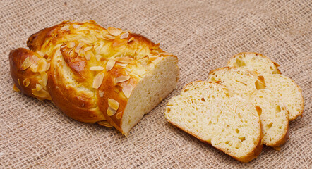 plaited yeast bun-pastry on burlap
