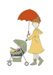 雨の日にベビーカーを押す女性のイラスト
