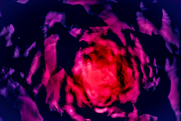 Red light on a dark wall with purple shadows. Red waves 3D rendering, glowing in a dark.