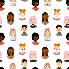 Female portrait seamless pattern. Women trendy faces, modern multi ethnic girls heads, european and african people, contemporary cartoon decor textile, wrapping paper wallpaper vector print or fabric
