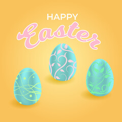 Happy easter day. Realistic egg with ornament. Isolated, yellow background.