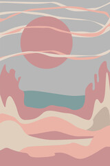 Abstract landscape in the style of flat. Rocks, sandy beach, sea.