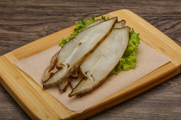 Delicous smoked halibut slices snack