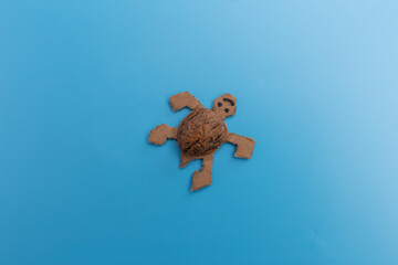 nature autumn craft for kids, turtle made of walnuts and recycled paper