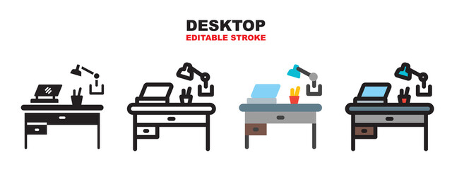 Desktop icon set with different styles. Colored vector icons designed in filled, outline, flat, glyph and line colored. Editable stroke and pixel perfect. Can be used for web, mobile, ui and more.