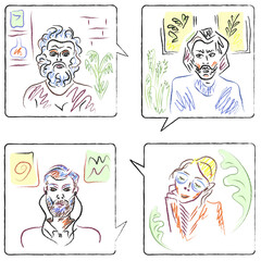Online chat, remote negotiations, video conference of people in isolation on quarantine, vector pencil illustration. Caricature of staged characters.