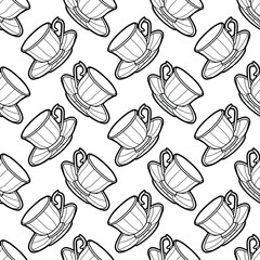 Seamless background with tea cups. Hand-drawing exquisite tableware. Black outline. Coloring page. 