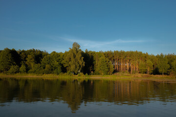 Fototapeta na wymiar Wonderful evening golden hour over the lake. The forest is reflected in clear water. Lake Svityaz. Shatsky National Natural Park. Ukraine.