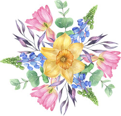 Watercolor spring arrangements with pink tulips, narcissus, hyacinth, leaves. Flower wreath, Wedding invitation clip art. Flower frame