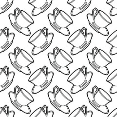 Seamless background with tea cups. Hand-drawing exquisite tableware. Black outline. Coloring page. 