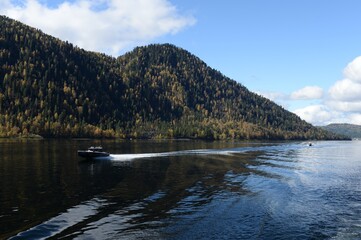 Motor boats on Lake Teletskoye. Altai Republic