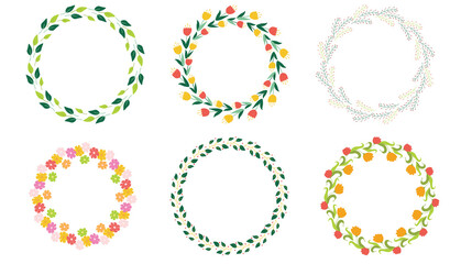 Round frame made of flowers. A set of round simple frames made of flowers and leaves. Round flower wreath. Vector illustration