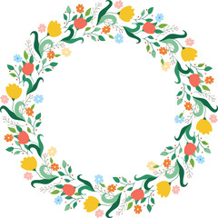 Fototapeta na wymiar Round frame of flowers and leaves. Round flower wreath. Vector illustration. Greeting card, invitation, poster design element.