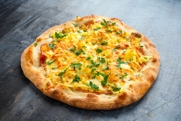 Homemade Potato, Ham Pizza with Mozzarella Cheese